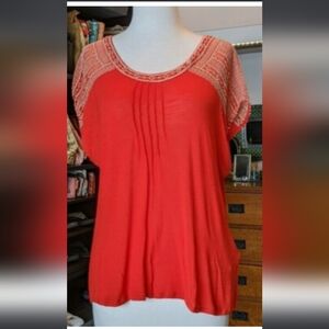 Lucky Brand Coral Blouse with Lace Accents